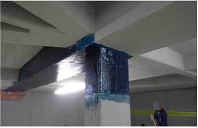 Viga reforzada con tejido en fibra de carbono en el encuentro con la columna